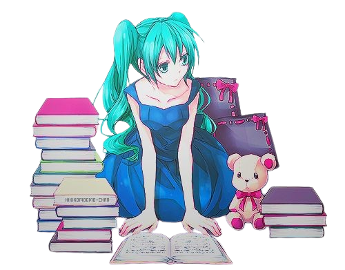 Miku surrounded by books